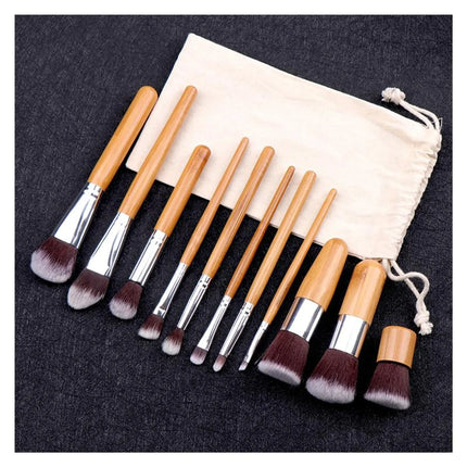 Lucky Beauty 11-Piece Bamboo Makeup Brush Set – Vegan, Soft Synthetic Bristles, Travel-Friendly with Linen Cotton Bag