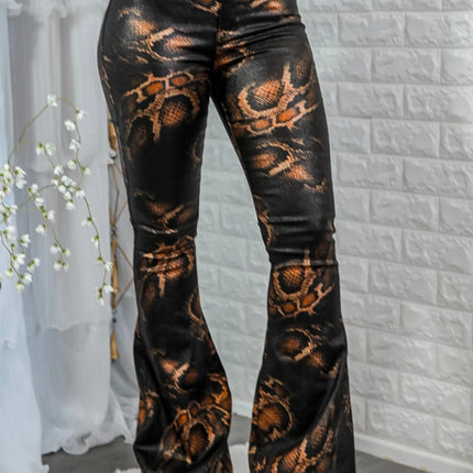 Coated Snake Print Flare Bell Bottom Jeans