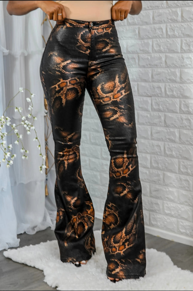 Coated Snake Print Flare Bell Bottom Jeans