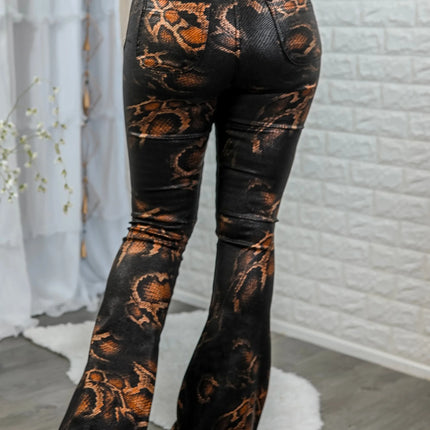 Coated Snake Print Flare Bell Bottom Jeans
