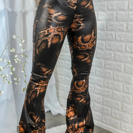 Coated Snake Print Flare Bell Bottom Jeans