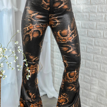 Coated Snake Print Flare Bell Bottom Jeans