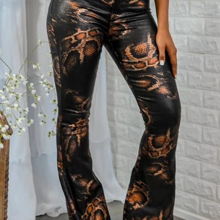 Coated Snake Print Flare Bell Bottom Jeans