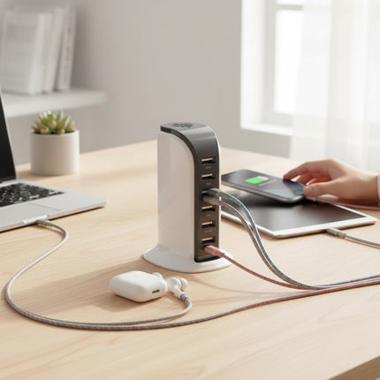 Urbn-cart Smart Power 6 USB Colorful Tower charging station in black, pink, blue, and white for home or office use.