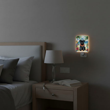 Urbn-cart Affenpinscher ceramic night light with Luau party artwork, featuring a black dog on a beach with palm trees and flowers.