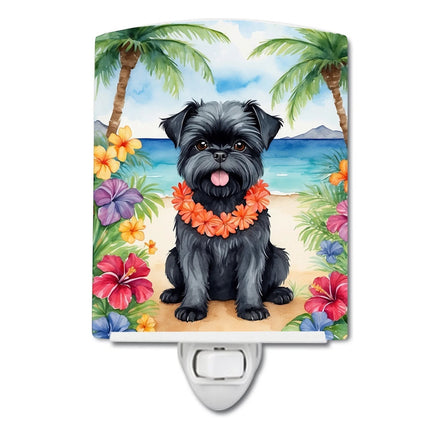 Urbn-cart Affenpinscher ceramic night light with a black dog wearing a lei on a tropical beach.