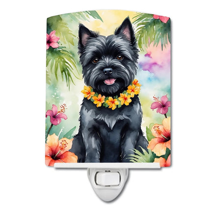 Urbn-cart Affenpinscher dog wearing a yellow flower lei, surrounded by tropical hibiscus flowers and palm leaves. Ceramic night light.