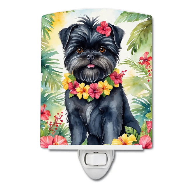 Urbn-cart Affenpinscher dog wearing a luau lei and flower, surrounded by tropical foliage. Ceramic night light.