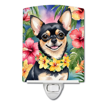 Urbn-cart Affenpinscher dog wearing a luau lei, surrounded by hibiscus flowers and tropical leaves, ceramic night light.