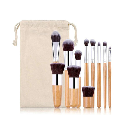 Urbn-cart 11-piece makeup brush set with bamboo handles and soft synthetic bristles, includes linen cotton bag.
