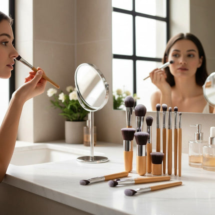 Urbn-cart 11-piece bamboo makeup brush set with soft synthetic bristles and linen cotton bag.