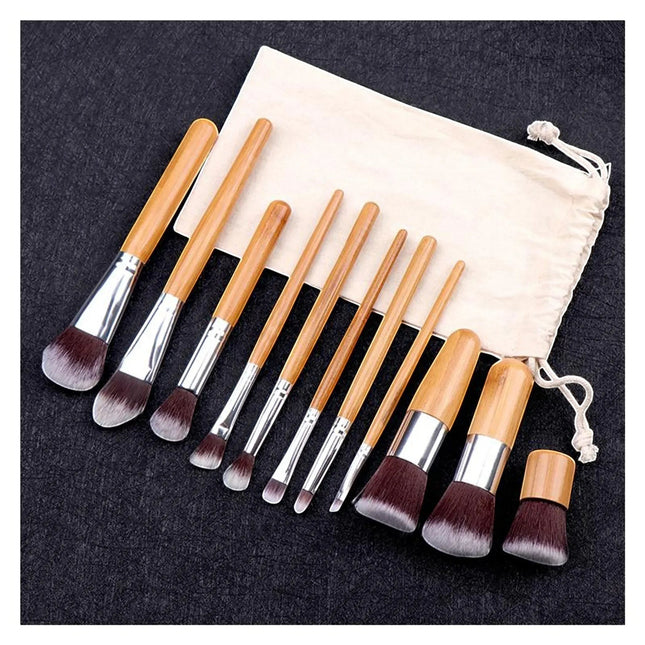 Urbn-cart 11-piece bamboo makeup brush set with soft synthetic bristles and a linen cotton bag.