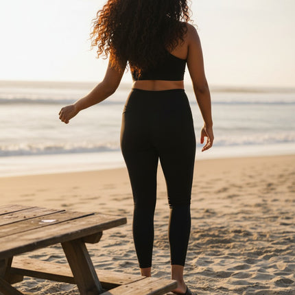 Urbn-cart black moisture-wicking 7/8 length leggings with high rise and integrated cell phone pocket.