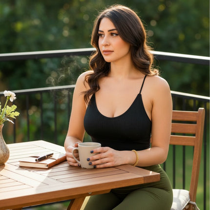 Urbn-cart black seamless padded crop top with double spaghetti straps and ribbed texture.