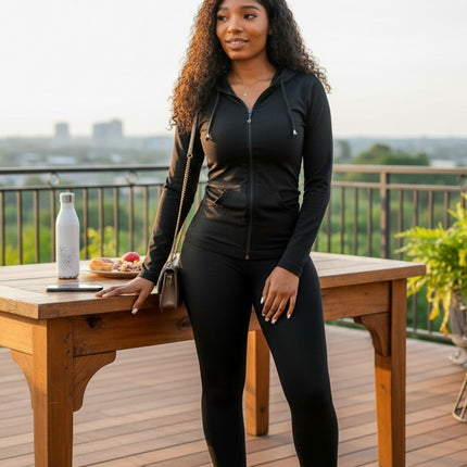 Urbn-cart black polyester-spandex zip-up hoodie with pockets and fitted leggings set.