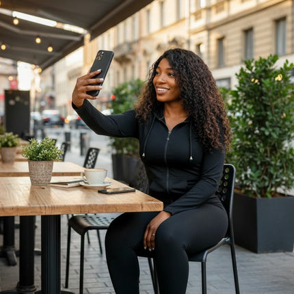 Urbn-cart black polyester-spandex zip-up hoodie with pockets and fitted leggings set.