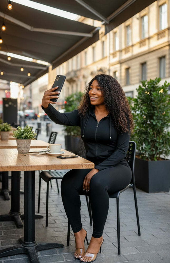 Urbn-cart black polyester-spandex zip-up hoodie with pockets and fitted leggings set.