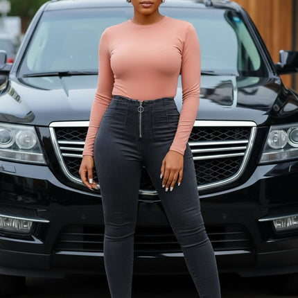 Urbn-cart black high-rise skinny leg woven denim jeans with front o-ring zipper and amazing stretch.