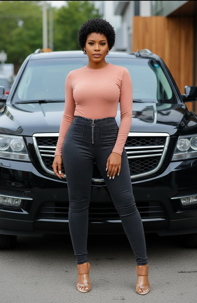 Urbn-cart black high-rise skinny leg woven denim jeans with front o-ring zipper and amazing stretch.
