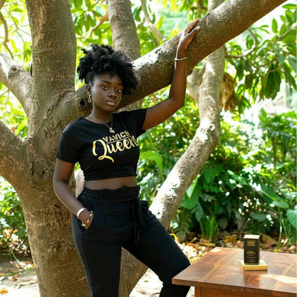 Urbn-cart black cotton blend scoop neck short sleeve fitted crop top with gold "VAVICH Queen" graphic.