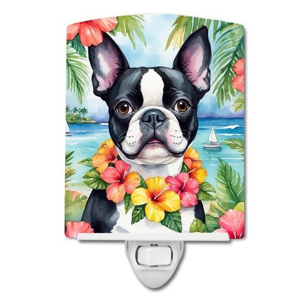 Urbn-cart Boston Terrier night light with luau theme, featuring a dog wearing a lei with tropical flowers and a beach background.