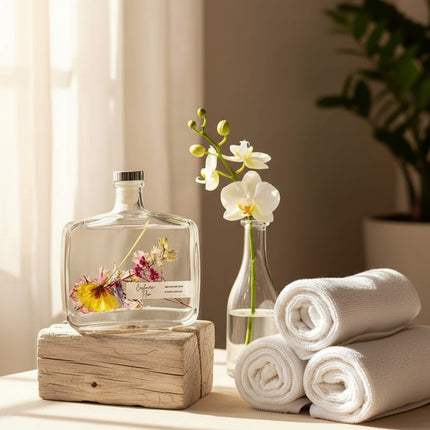 Urbn-cart handmade botanical reed diffuser with dried flowers in a clear glass bottle, silver cap, and a label reading "Cashmere Plum".
