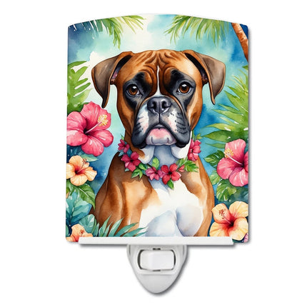 Urbn-cart Boxer dog wearing a lei, surrounded by hibiscus flowers and palm leaves, ceramic night light.