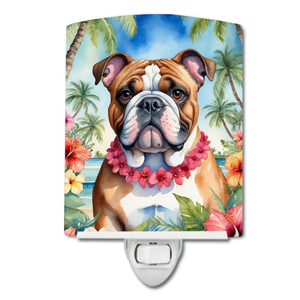 Urbn-cart English Bulldog Luau Party ceramic night light with tropical flowers and palm trees.