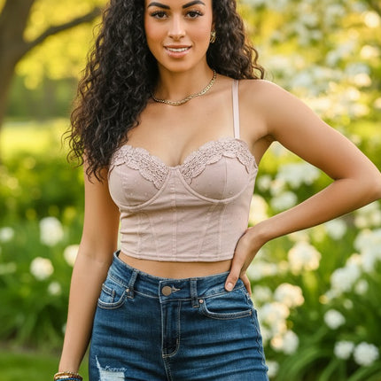Urbn-cart dusty rose corset crop top with lace trim, sweetheart neckline, and polka dot texture. Adjustable straps.