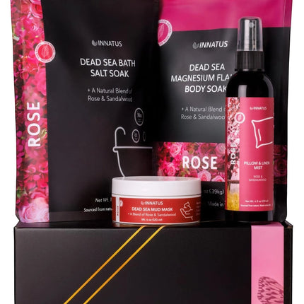 Urbn-cart Dead Sea Bath and Body Gift Set with rose and sandalwood scent. Includes bath salt, magnesium flakes, mud mask, and pillow mist.