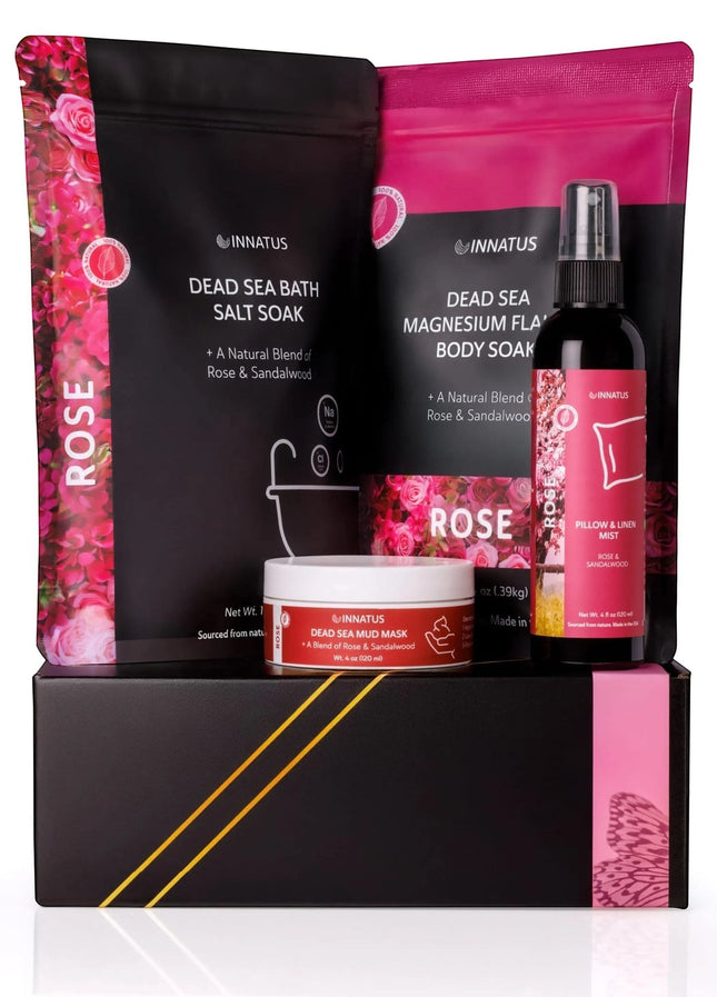 Urbn-cart Dead Sea Bath and Body Gift Set with rose and sandalwood scent. Includes bath salt, magnesium flakes, mud mask, and pillow mist.