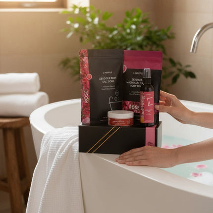 Urbn-cart Dead Sea Bath and Body Gift Set with rose and sandalwood scents, includes bath salt, magnesium flakes, mud mask, and linen spray.