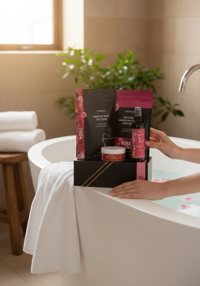 Urbn-cart Dead Sea Bath and Body Gift Set with rose and sandalwood scents, includes bath salt, magnesium flakes, mud mask, and linen spray.