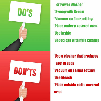 Urbn-cart doormat care instructions: Do's include washing with a hose, sweeping, vacuuming on floor setting, using indoors, and spot cleaning. Don'ts include using sudsy cleaners, vacuuming on carpet setting, using bleach, or placing outdoors uncovered.