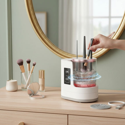 Urbn-cart 4-in-1 electric makeup brush cleaner with USB charging, cleans and dries brushes automatically. Includes cleaning mat.