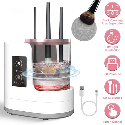 Urbn-cart 4-in-1 electric makeup brush cleaner with UV disinfection, drying, and storage functions. White and rose gold.