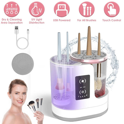 Urbn-cart 4-in-1 electric makeup brush cleaner with UV disinfection, drying, and storage. Includes USB power, touch control, and a cleaning mat.
