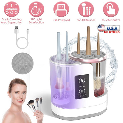 Urbn-cart 4-in-1 electric makeup brush cleaner with UV disinfection, drying, and storage. Includes USB power and touch control.