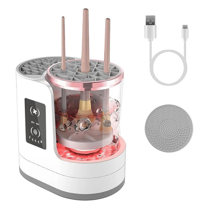 Urbn-cart 4-in-1 electric makeup brush cleaner with drying, UV disinfection, and storage. White and rose gold.