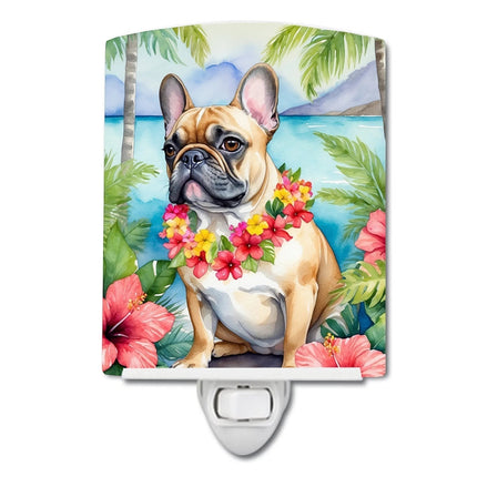Urbn-cart French Bulldog Luau Party ceramic night light with lei and tropical flowers.