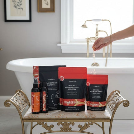 Urbn-cart Grapefruit Bath Soak Set with Dead Sea Bath Salt and Magnesium Flakes, plus linen mist.