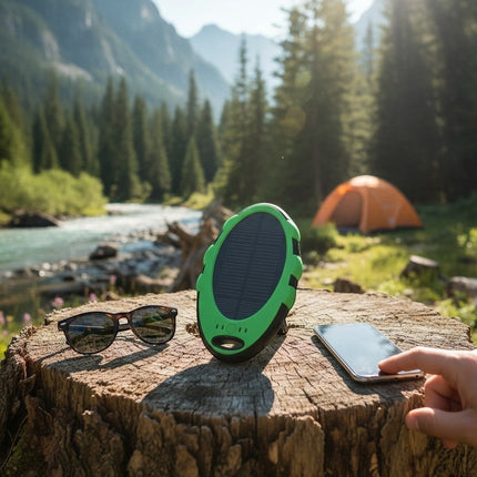 Urbn-cart Solar Green PowerLeaf portable solar charger with dual USB ports, 5000mAh battery, water and shock resistant.