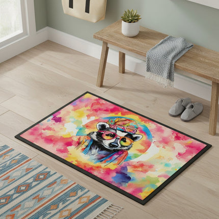 Urbn-cart doormat with a watercolor-style raccoon wearing sunglasses and a bandana against a vibrant, colorful background.