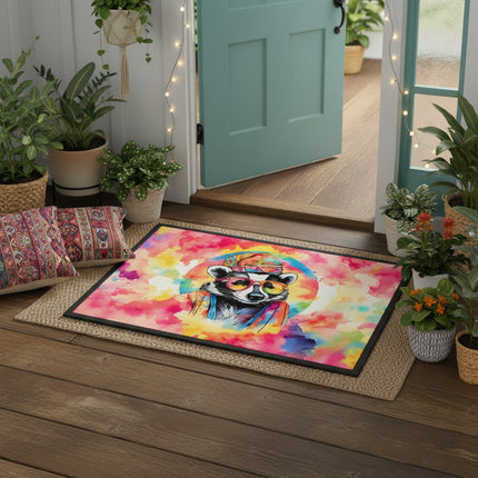 Urbn-cart doormat with a watercolor-style raccoon wearing sunglasses and a bandana against a vibrant, colorful background.
