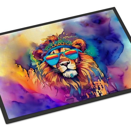 Urbn-cart doormat with a colorful watercolor lion wearing sunglasses and a headband. Suitable for indoor or outdoor use.