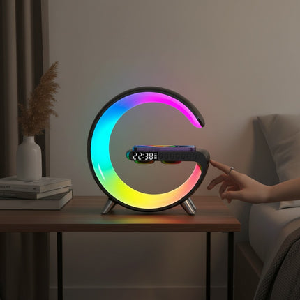 Urbn-cart Mooncave Light G-shaped lamp with RGB light ring, digital clock, wireless charger, and Bluetooth speaker.