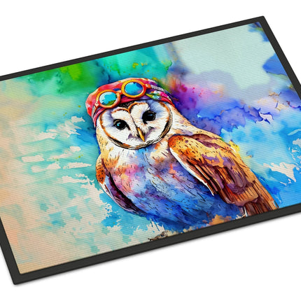 Urbn-cart Barn owl wearing goggles and bandana doormat, colourful watercolour art, indoor/outdoor use.