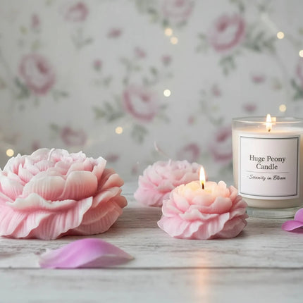 Urbn-cart pink peony shaped soy wax candle and a lit peony candle in a glass jar with floral background.