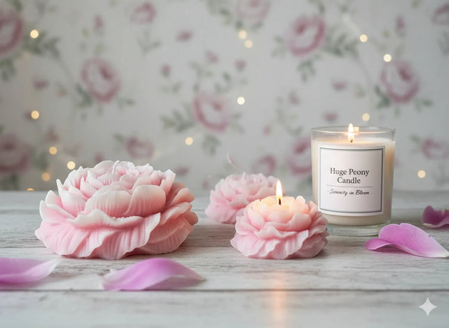 Urbn-cart pink peony shaped soy wax candle and a lit peony candle in a glass jar with floral background.