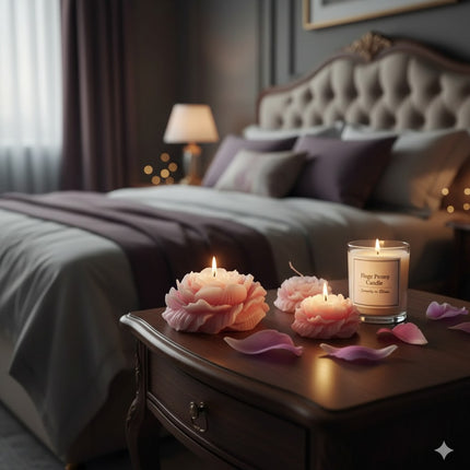 Urbn-cart pink peony shaped soy wax candle and a lit peony candle in a glass jar with floral background.